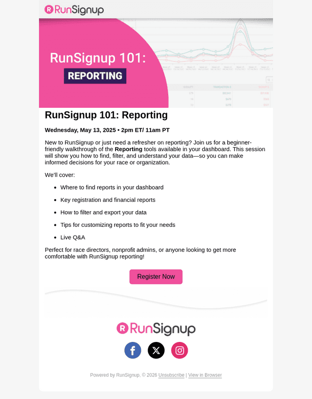 RunSignup 101: Reporting Webinar 5/13