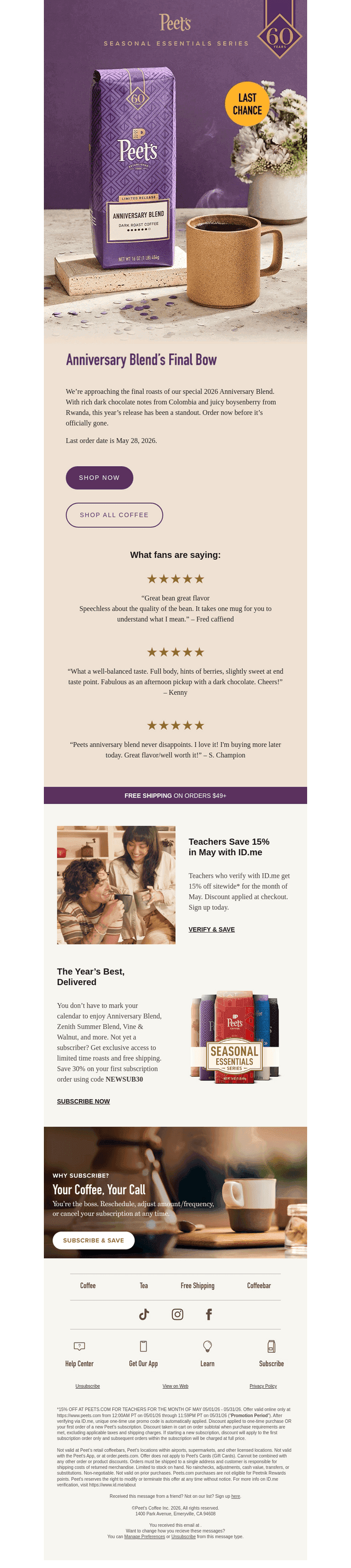 Peet's Coffee email from Thu, May 14, 2026