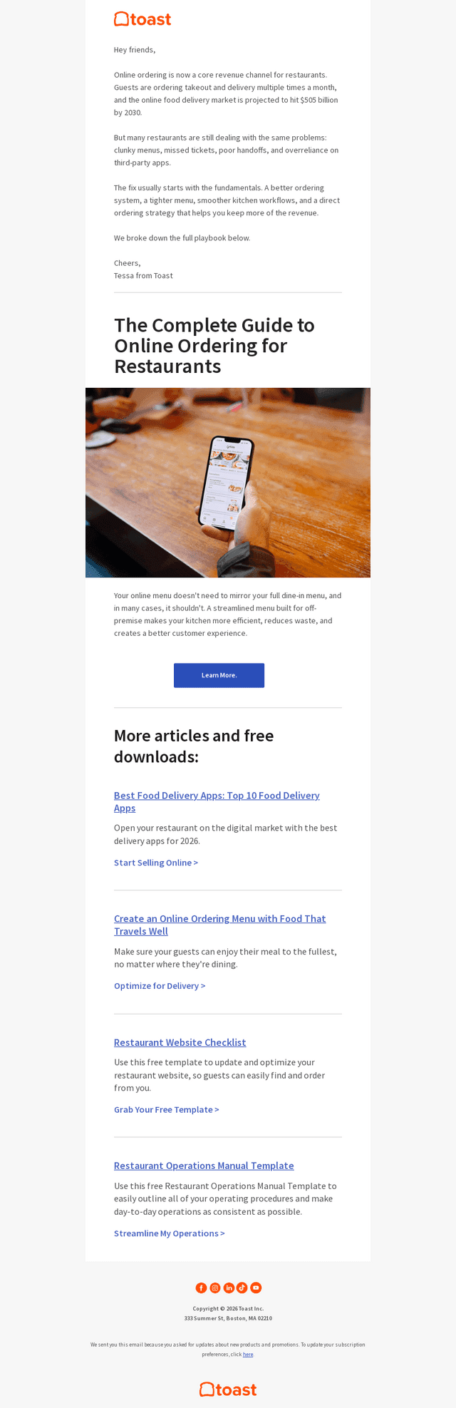 Toast email from Mon, May 18, 2026