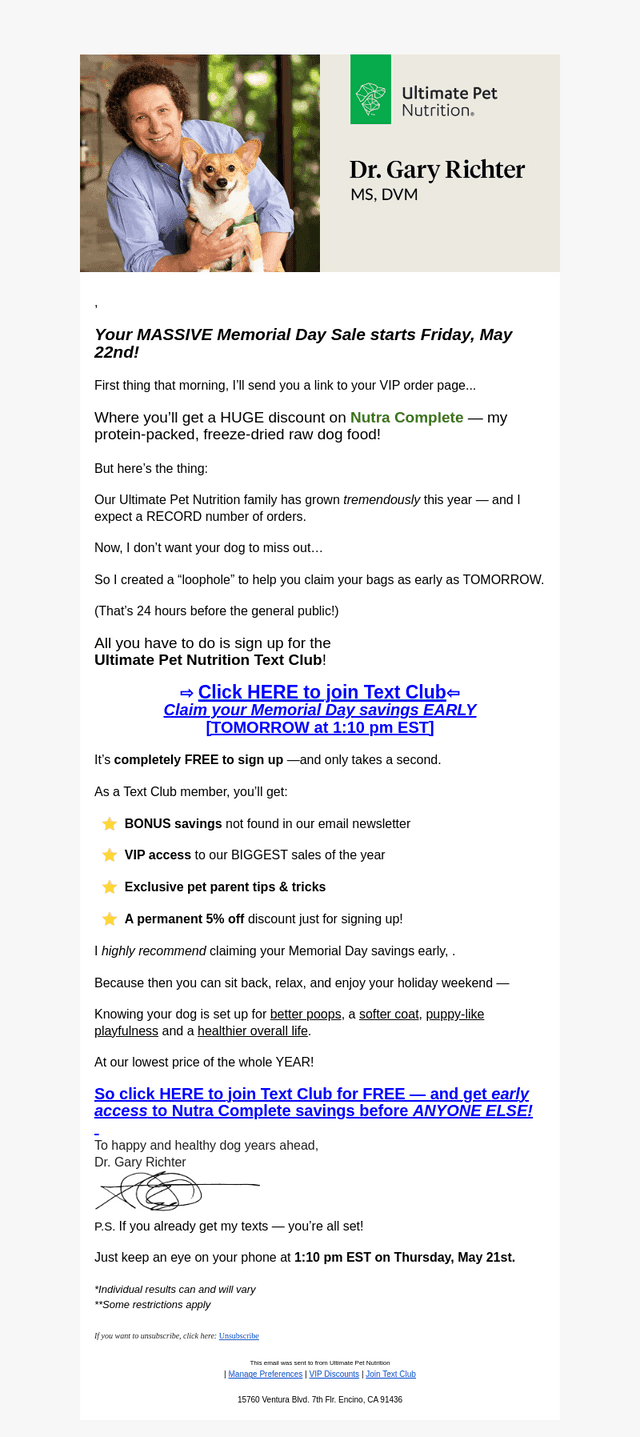 Ultimate Pet Nutrition email from Wed, May 20, 2026