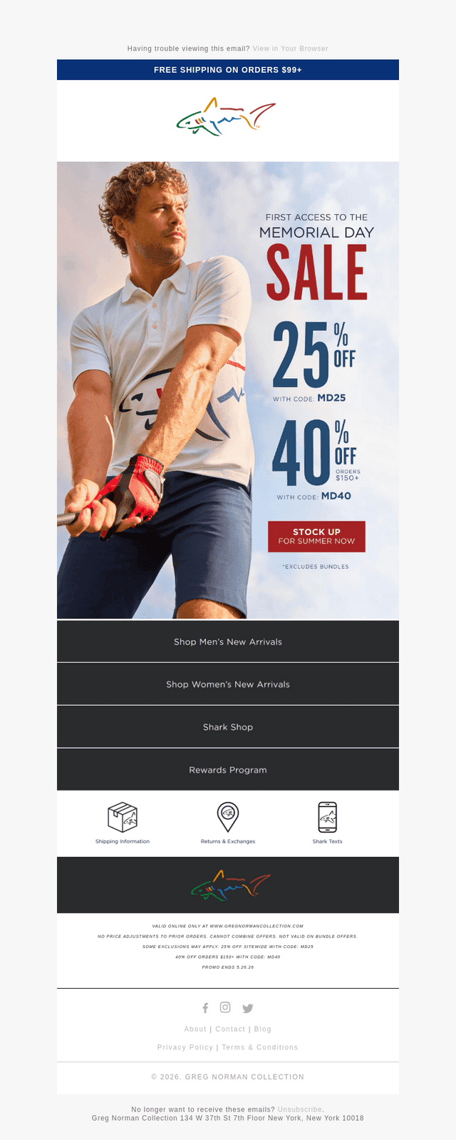 Greg Norman Collection email from Wed, May 20, 2026