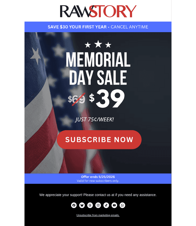 Raw Story email from Wed, May 20, 2026