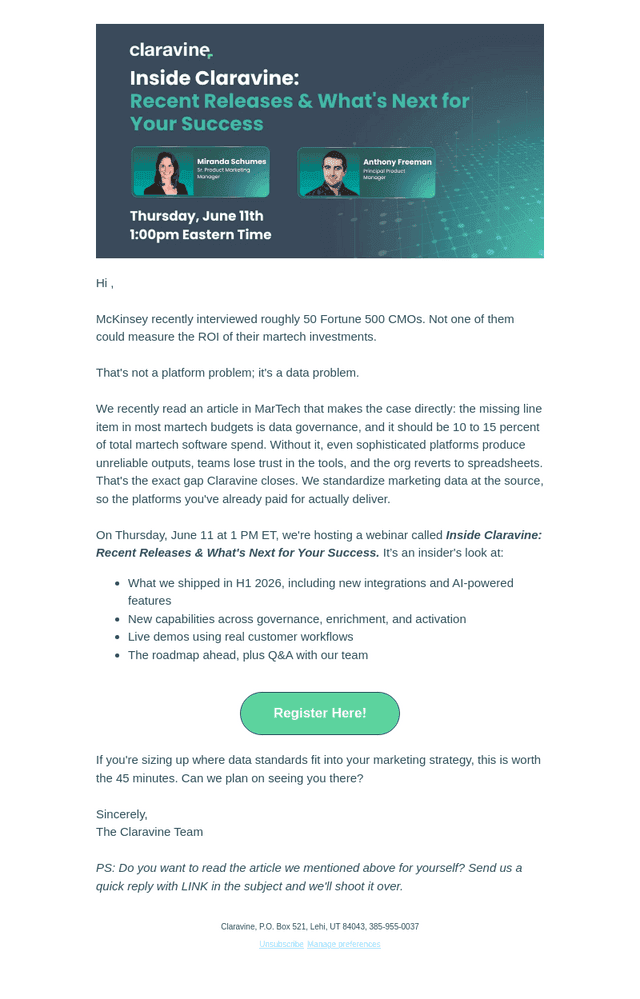 Claravine email from Wed, May 20, 2026