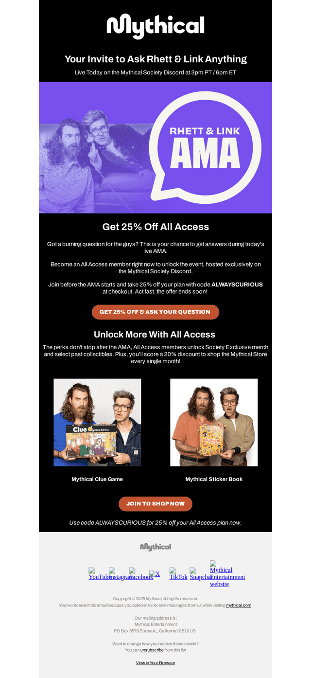 Ask Rhett & Link anything today! (Plus 25% OFF) 🤫