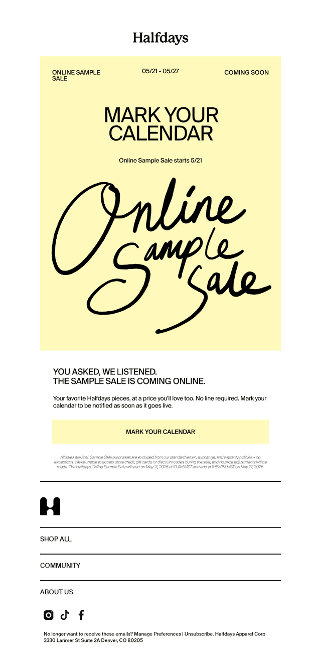 ONLINE SAMPLE SALE STARTS TOMORROW