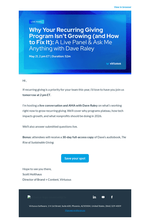 Virtuous Software email from Wed, May 20, 2026