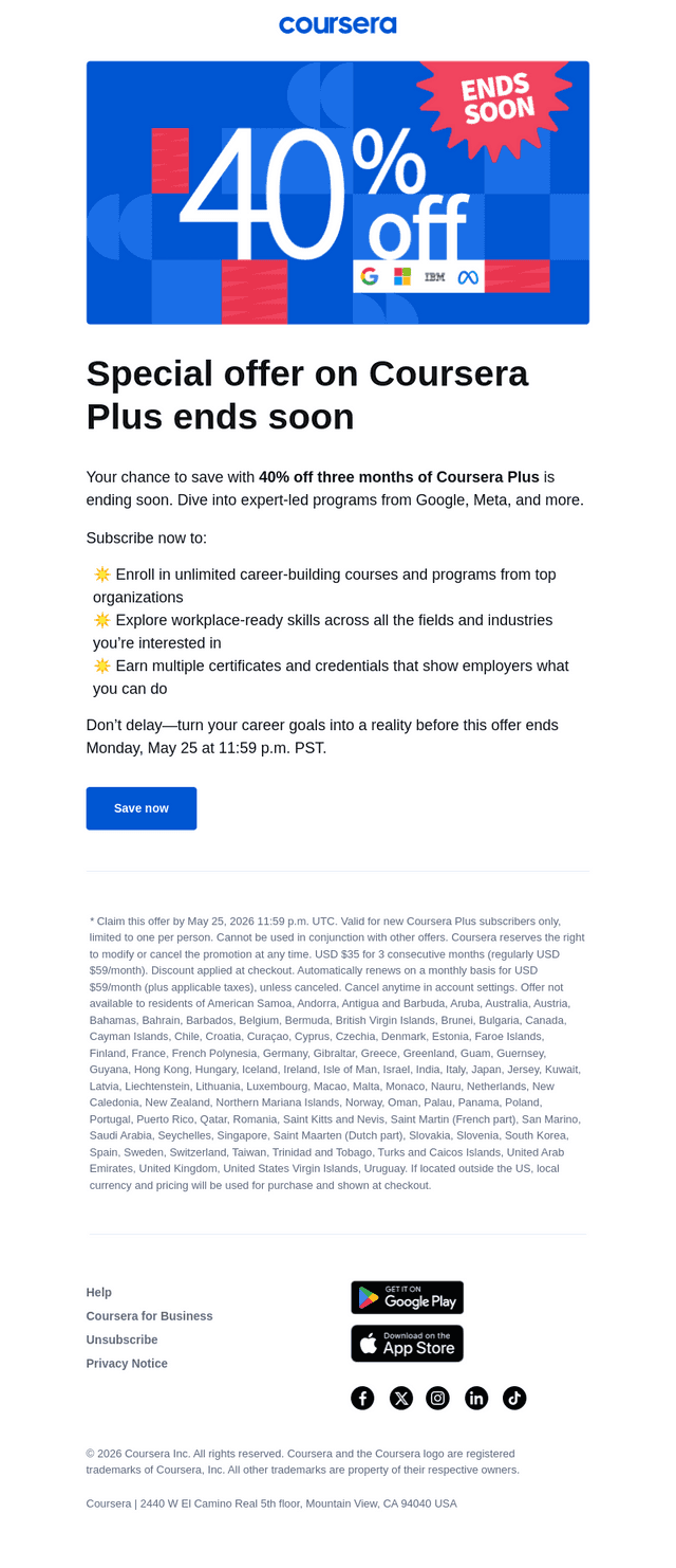 ⏳ Time's Almost Up: 40% Off Coursera Plus