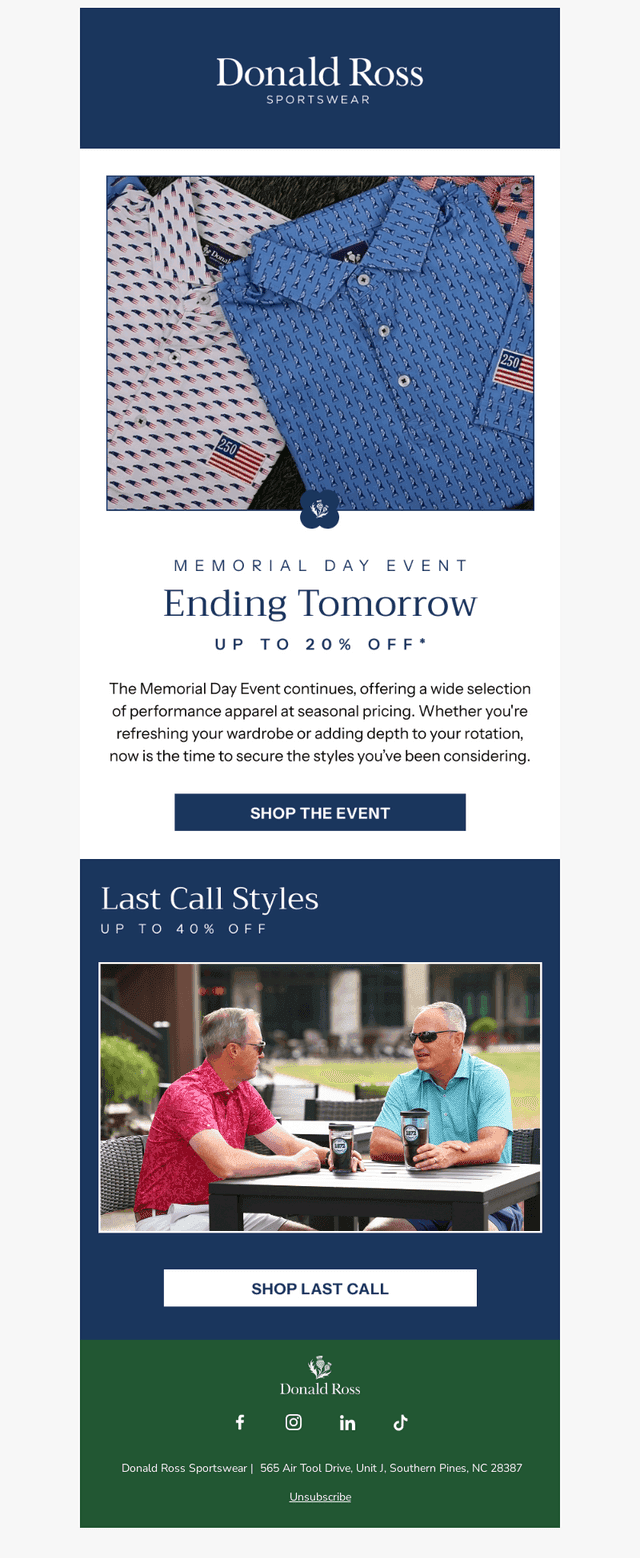 Donald Ross Sportswear email from Sun, May 24, 2026