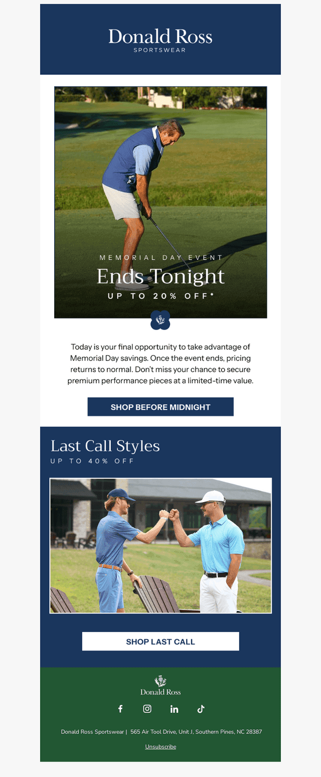 Donald Ross Sportswear email from Mon, May 25, 2026