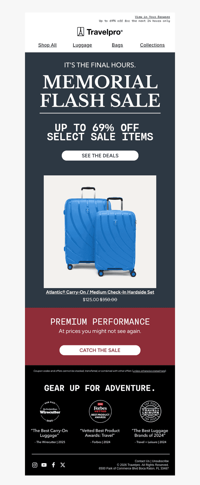 Travelpro Products email from Mon, May 25, 2026