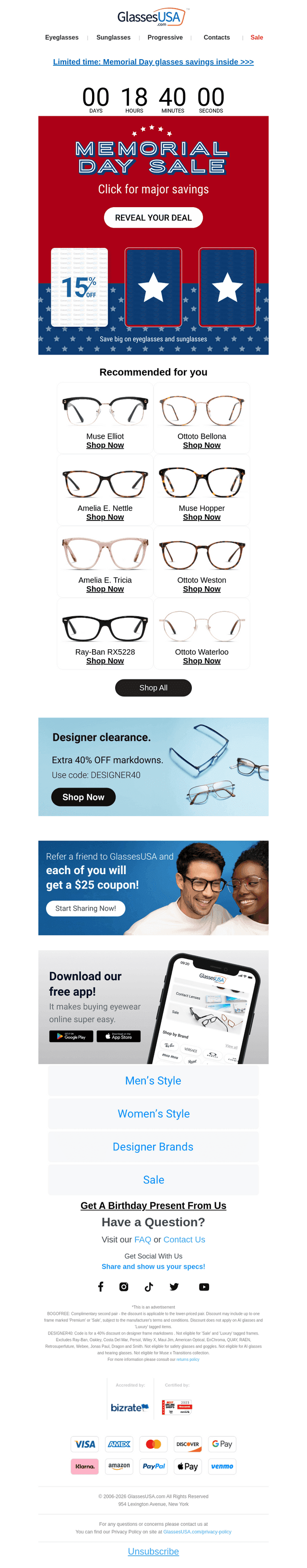 Glasses USA email from Mon, May 25, 2026