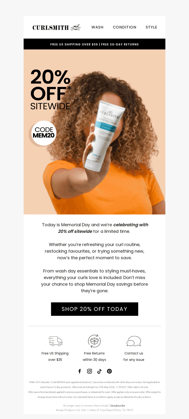 Curlsmith USA email from Mon, May 25, 2026