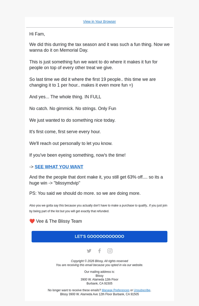 Bliss email from Mon, May 25, 2026