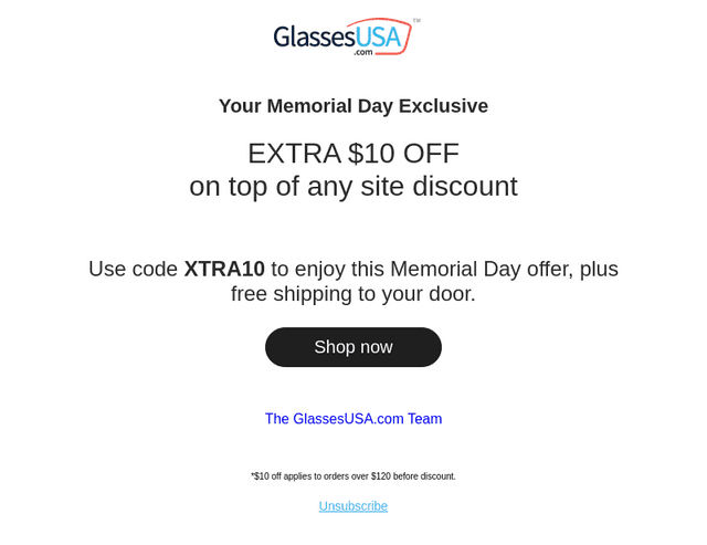 Glasses USA email from Mon, May 25, 2026