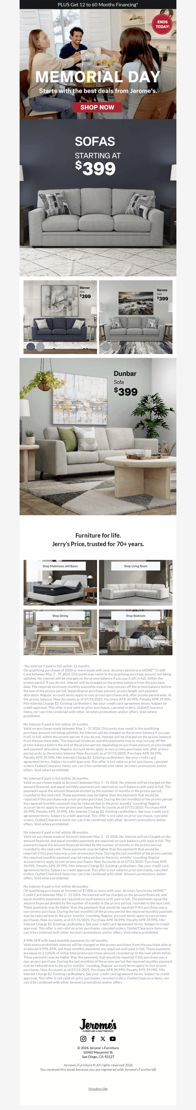 Jerome's Furniture email from Sun, May 31, 2026