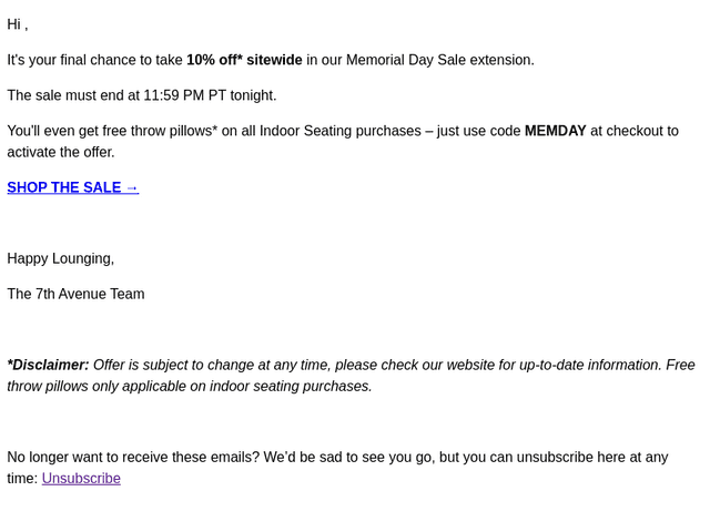 7th Avenue email from Mon, Jun 1, 2026