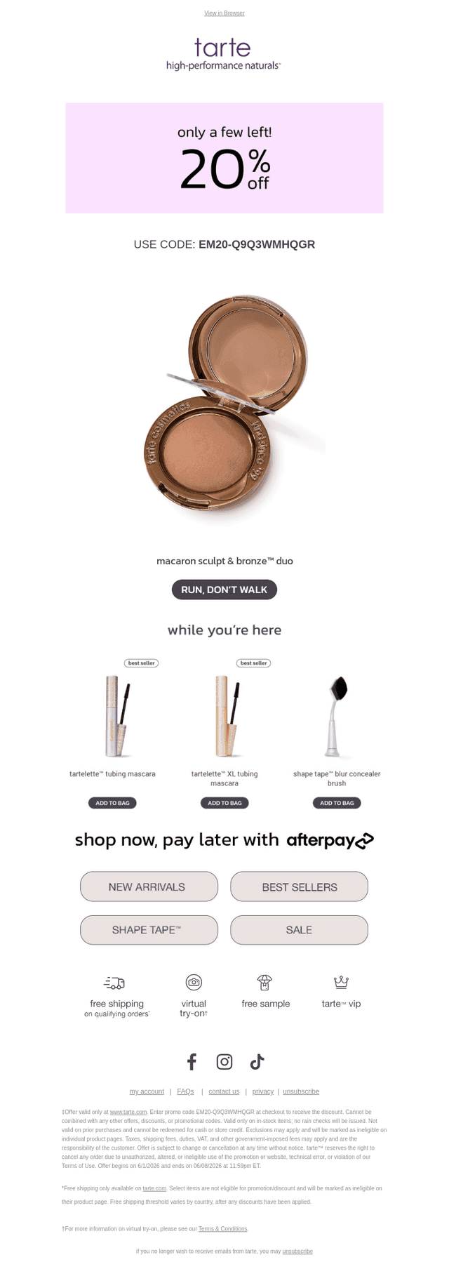 Tarte Cosmetics email from Mon, Jun 1, 2026