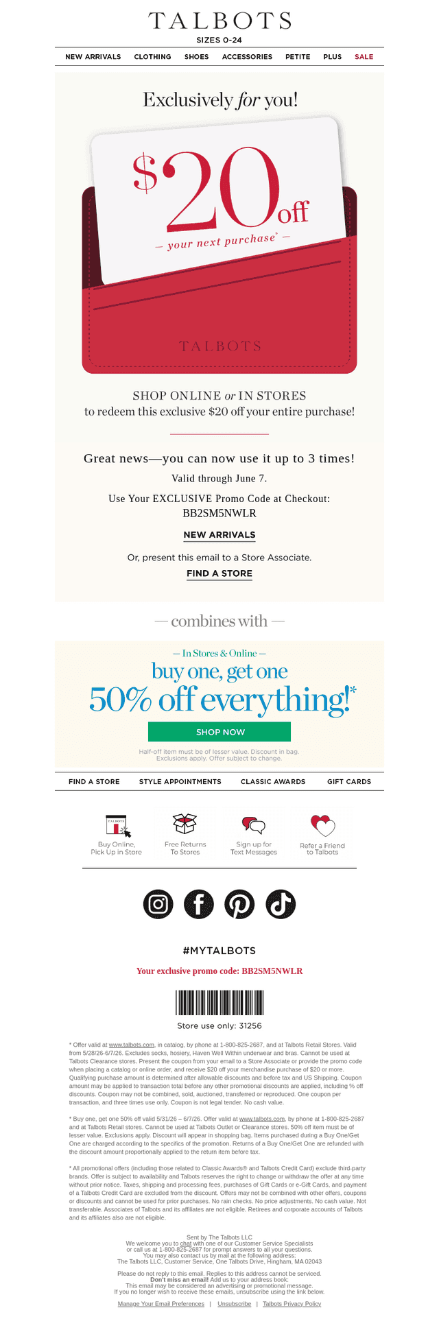 $20 off—you can use it THREE TIMES!*
