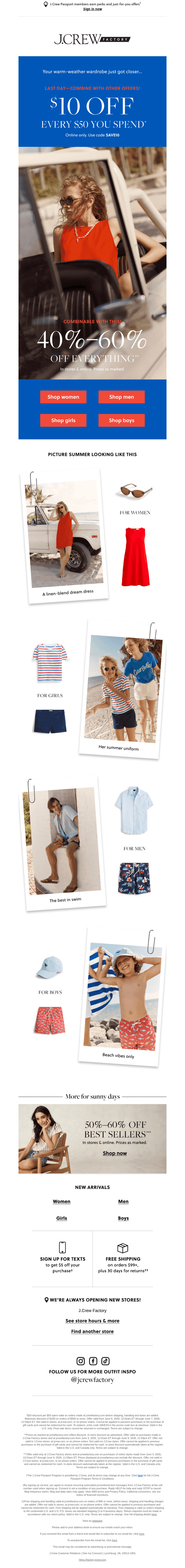 COMBINABLE: $10 off every $50 you spend + 40%–60% off everything!