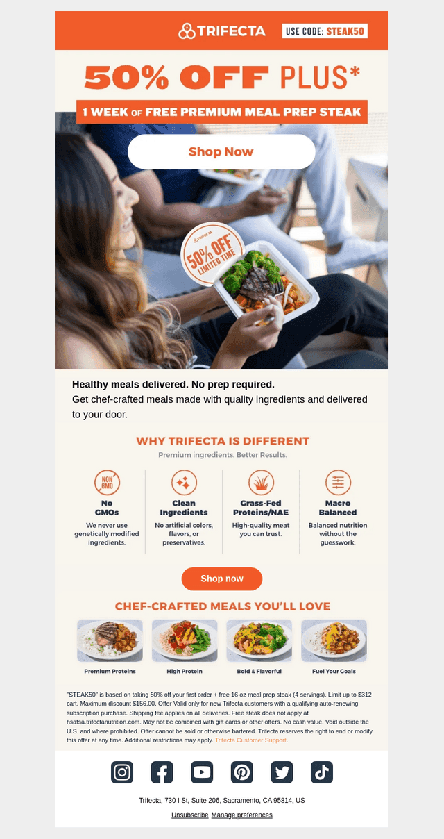 50% off plus free premium meal prep steak