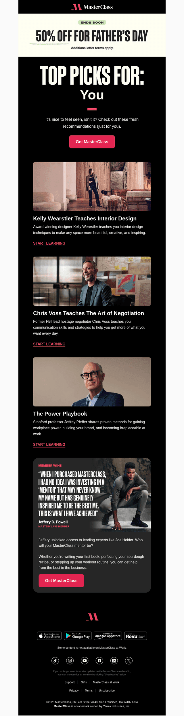 MasterClass email from Sun, Jun 14, 2026