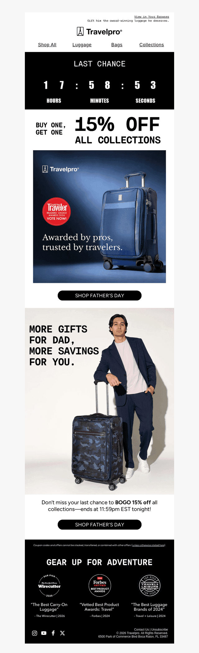 Travelpro Products email from Mon, Jun 15, 2026