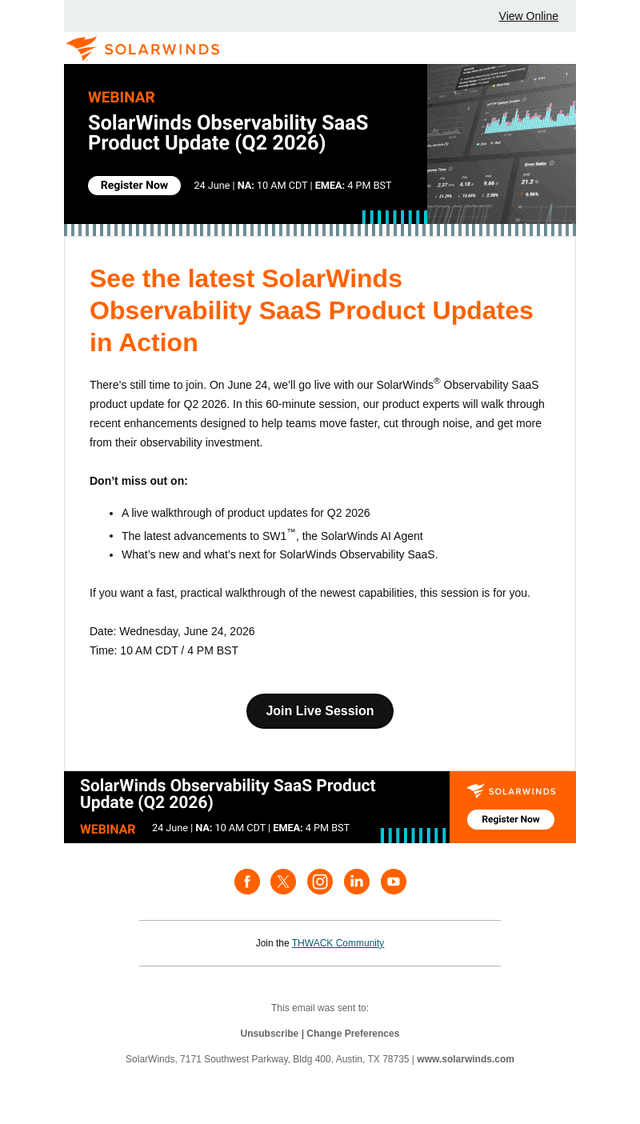 SolarWinds email from Mon, Jun 15, 2026