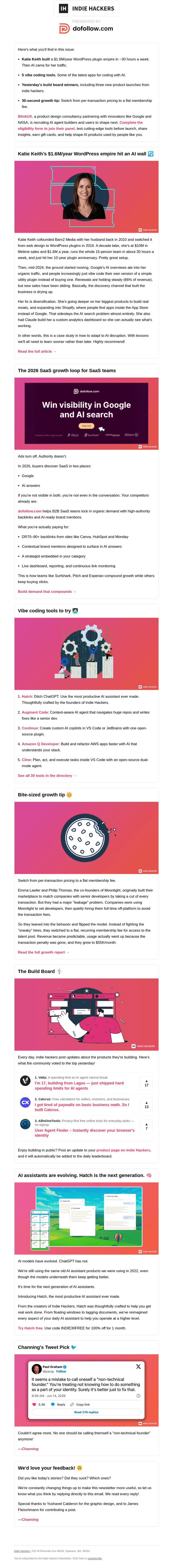 Indie Hackers email from Mon, Jun 15, 2026