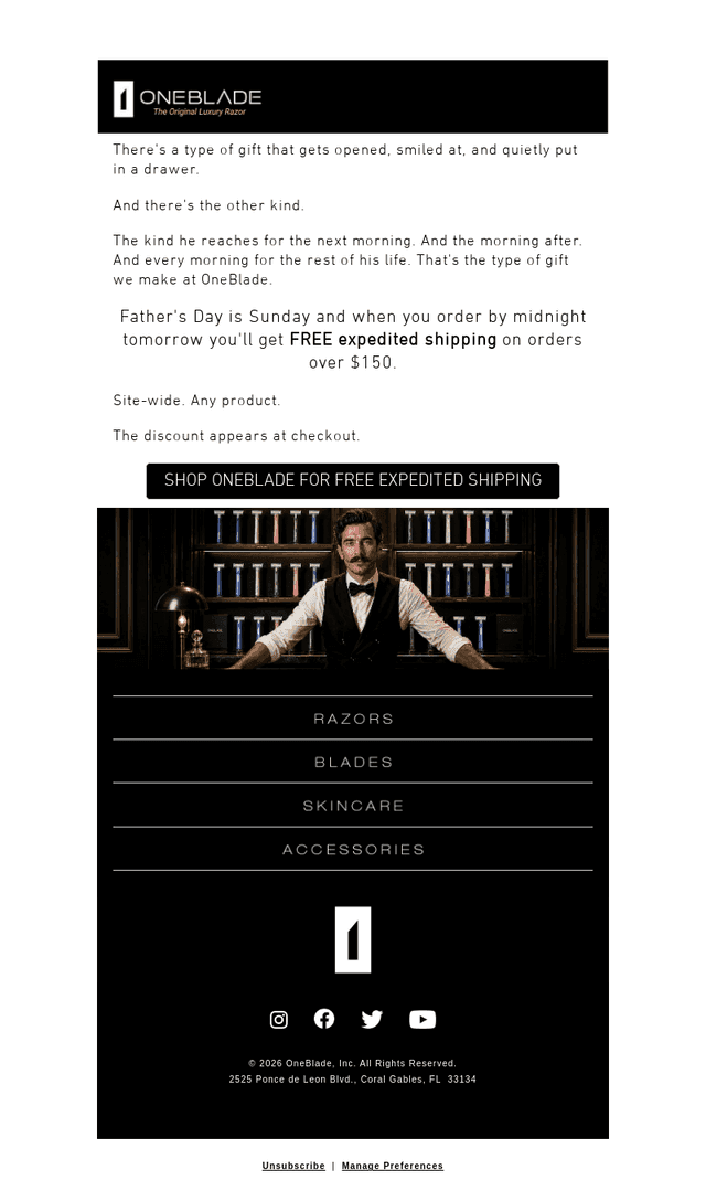 OneBlade email from Tue, Jun 16, 2026