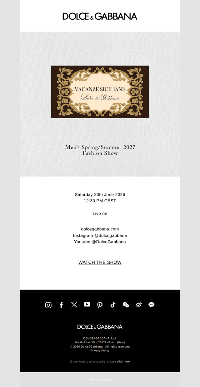 Dolce & Gabbana email from Sat, Jun 20, 2026