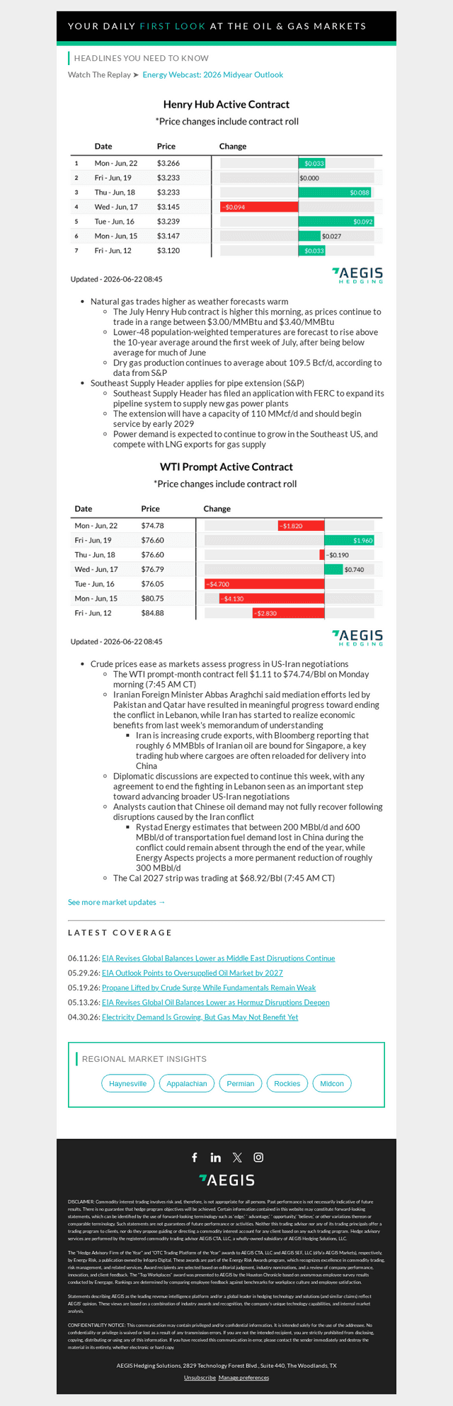 AEGIS Hedging email from Mon, Jun 22, 2026