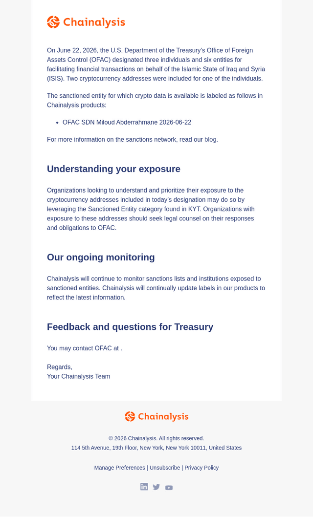Chainalysis email from Tue, Jun 23, 2026