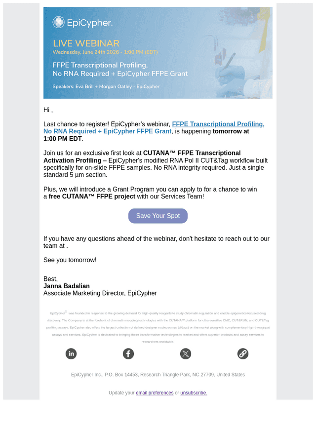 EpiCypher email from Tue, Jun 23, 2026