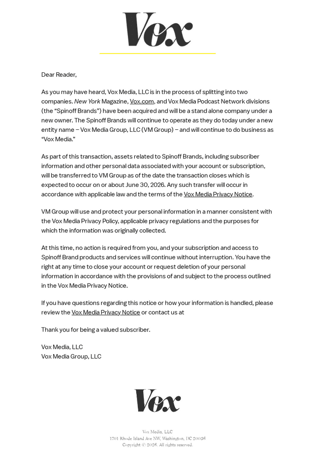 Update on Vox Media’s Transition and Data Policy