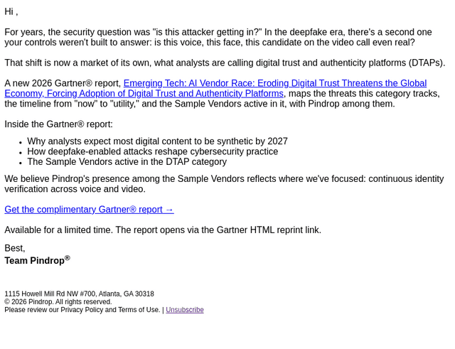 Pindrop email from Thu, Jun 25, 2026