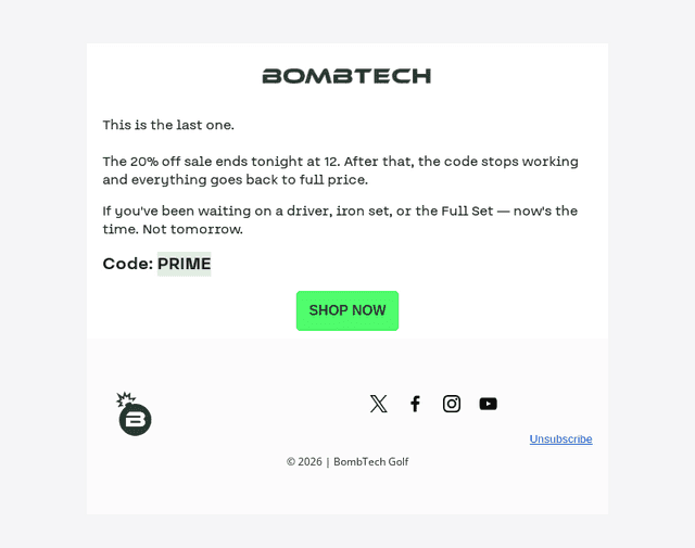 BombTech Golf email from Sun, Jun 28, 2026