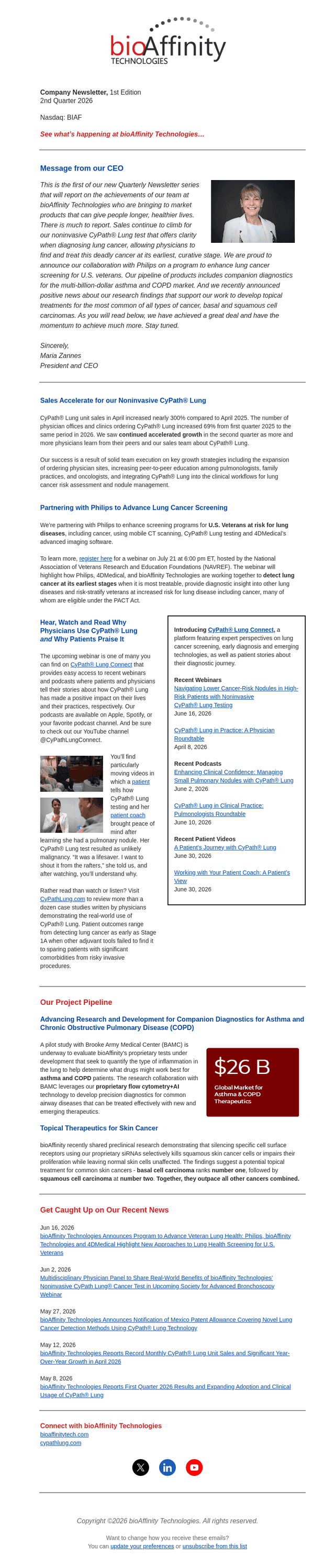 bioAffinity Technologies newsletter, 1st Edition, 2026 Q2