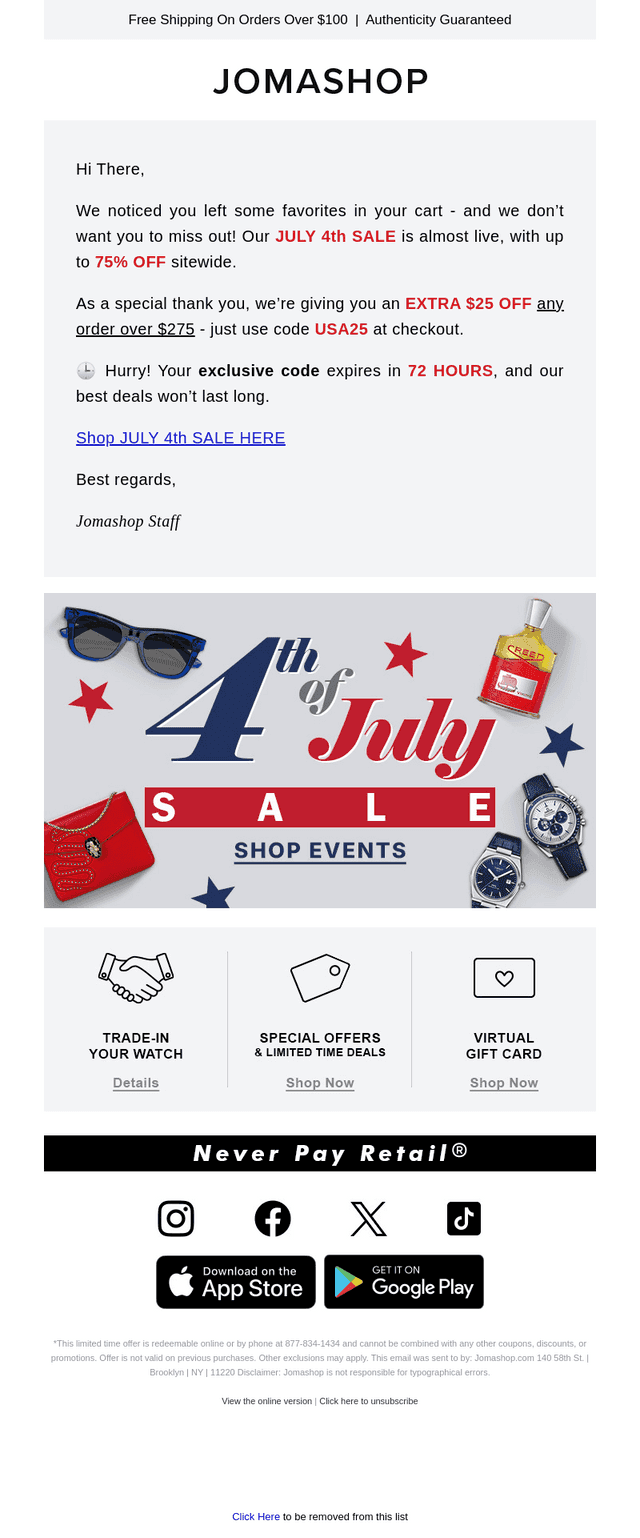 Jomashop email from Thu, Jul 2, 2026