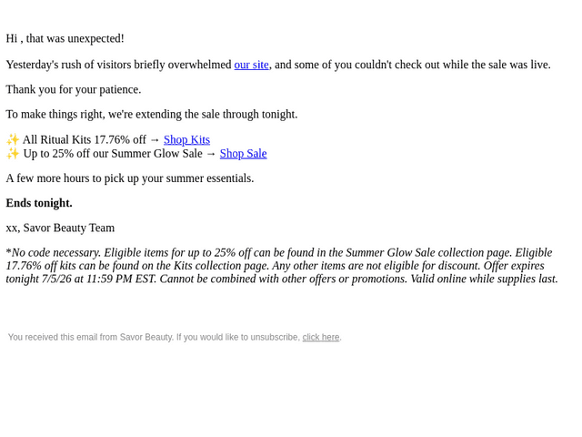 Savor Beauty + Spa email from Sun, Jul 5, 2026