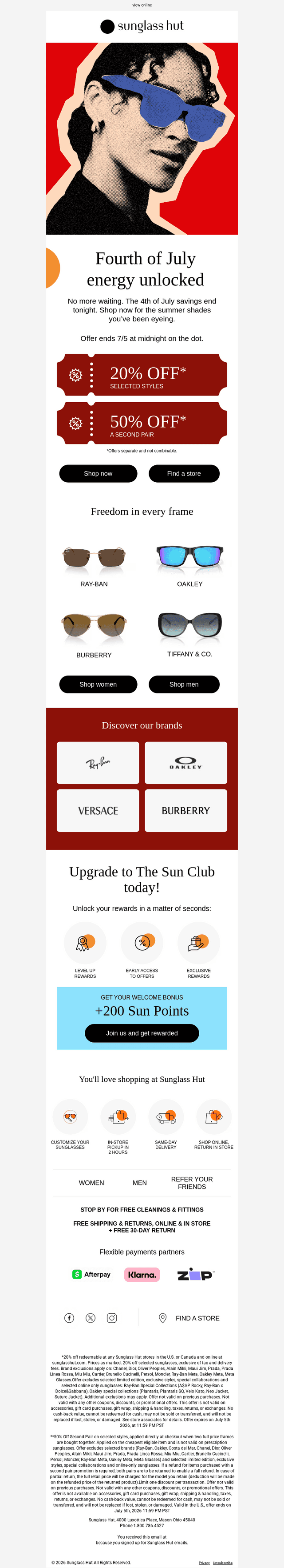 Sunglass Hut email from Sun, Jul 5, 2026