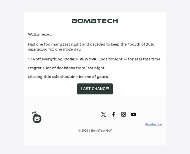 BombTech Golf email from Sun, Jul 5, 2026