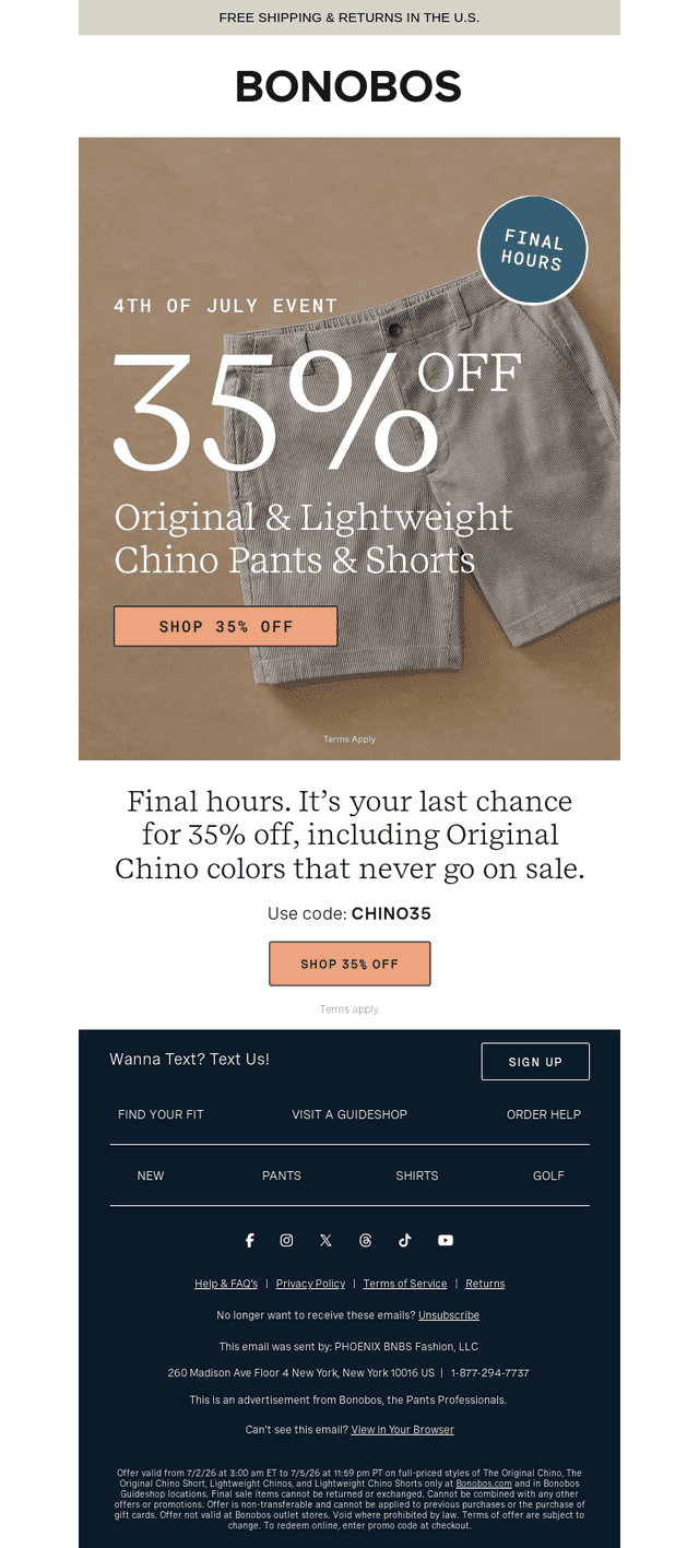 Final Hours for 35% Off Original & Lightweight Chinos