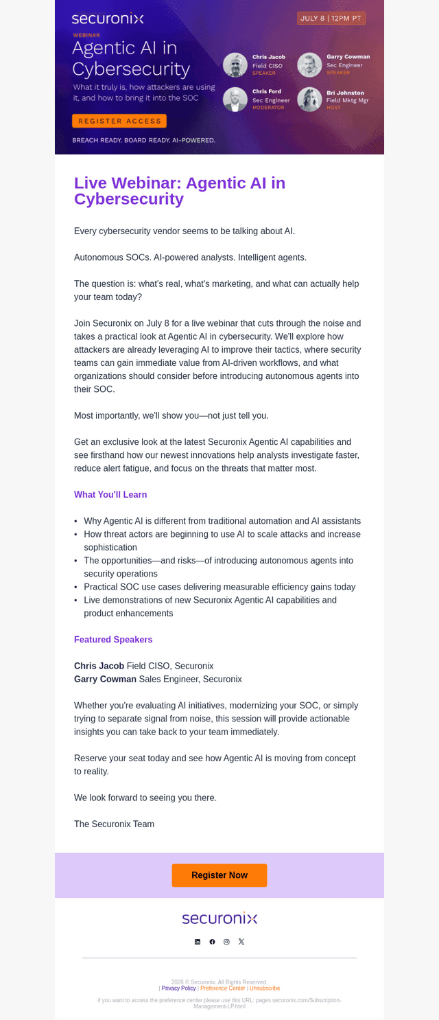 Securonix email from Mon, Jul 6, 2026