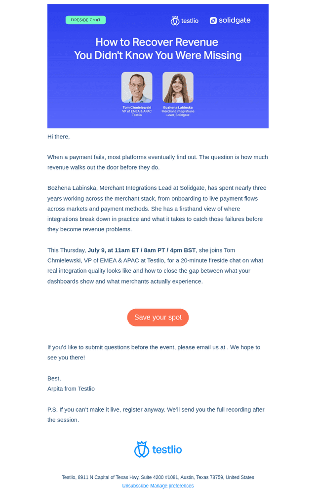 Testlio email from Tue, Jul 7, 2026