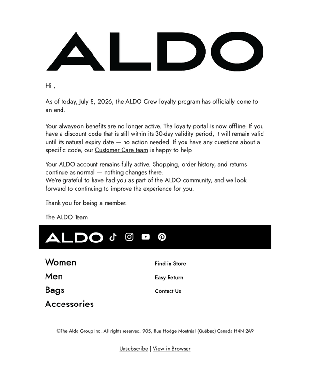 ALDO email from Wed, Jul 8, 2026
