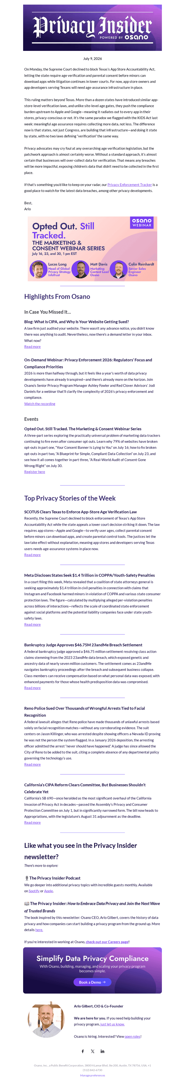 Osano email from Thu, Jul 9, 2026
