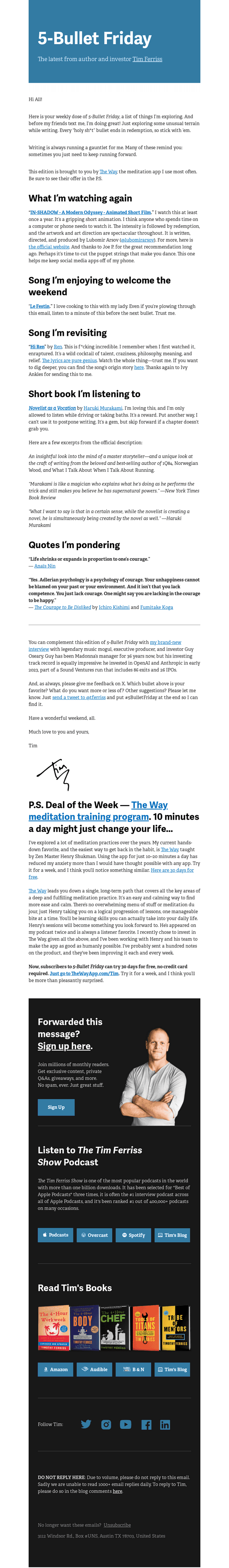 Tim Ferriss email from Fri, Jul 10, 2026