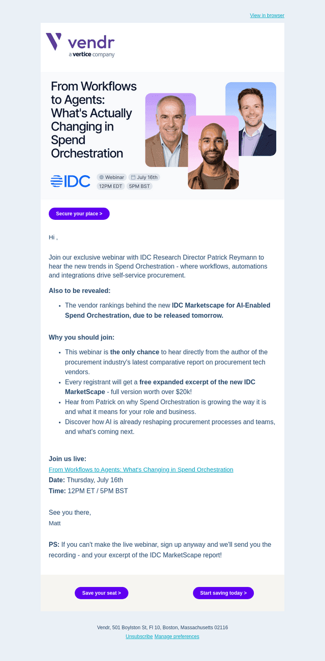 Vendr email from Mon, Jul 13, 2026