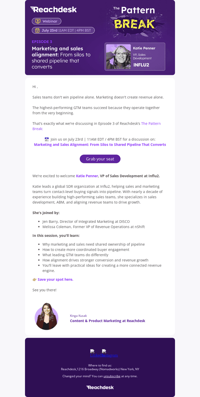 Reachdesk email from Mon, Jul 13, 2026