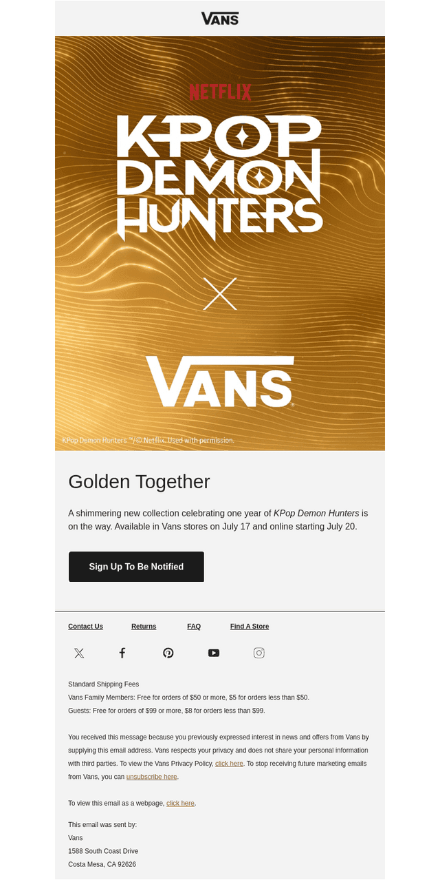 Vans email from Mon, Jul 13, 2026